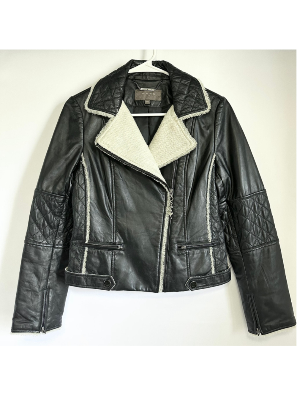 ELLASSAY FIRST Lambskin Leather Tweed BLACK Quilted MOTO Biker JACKET WOMENS M